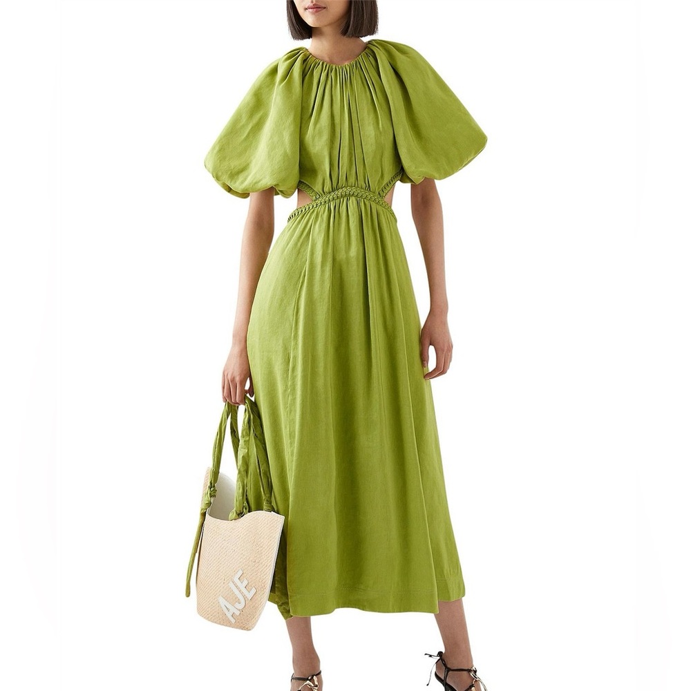 Aje Capucine Lime Green Midi Dress with Puff Sleeves